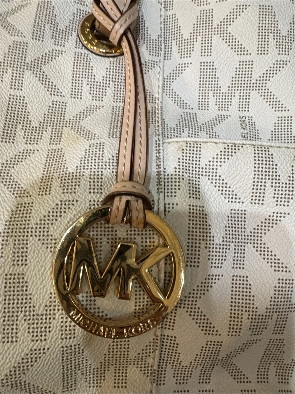 Michael Kors Ivory/Taupe Signature MK Tote with Leather Straps